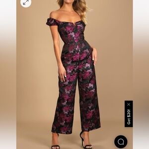 Lulus Glam Black Floral Jacquard Bustier Off-the-Shoulder Jumpsuit